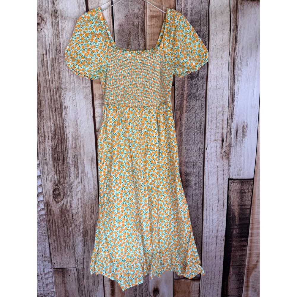 J.Crew Dress Factory‎ Peach Print Puff Sleeve Midi Cottagecore Picnic Size Small